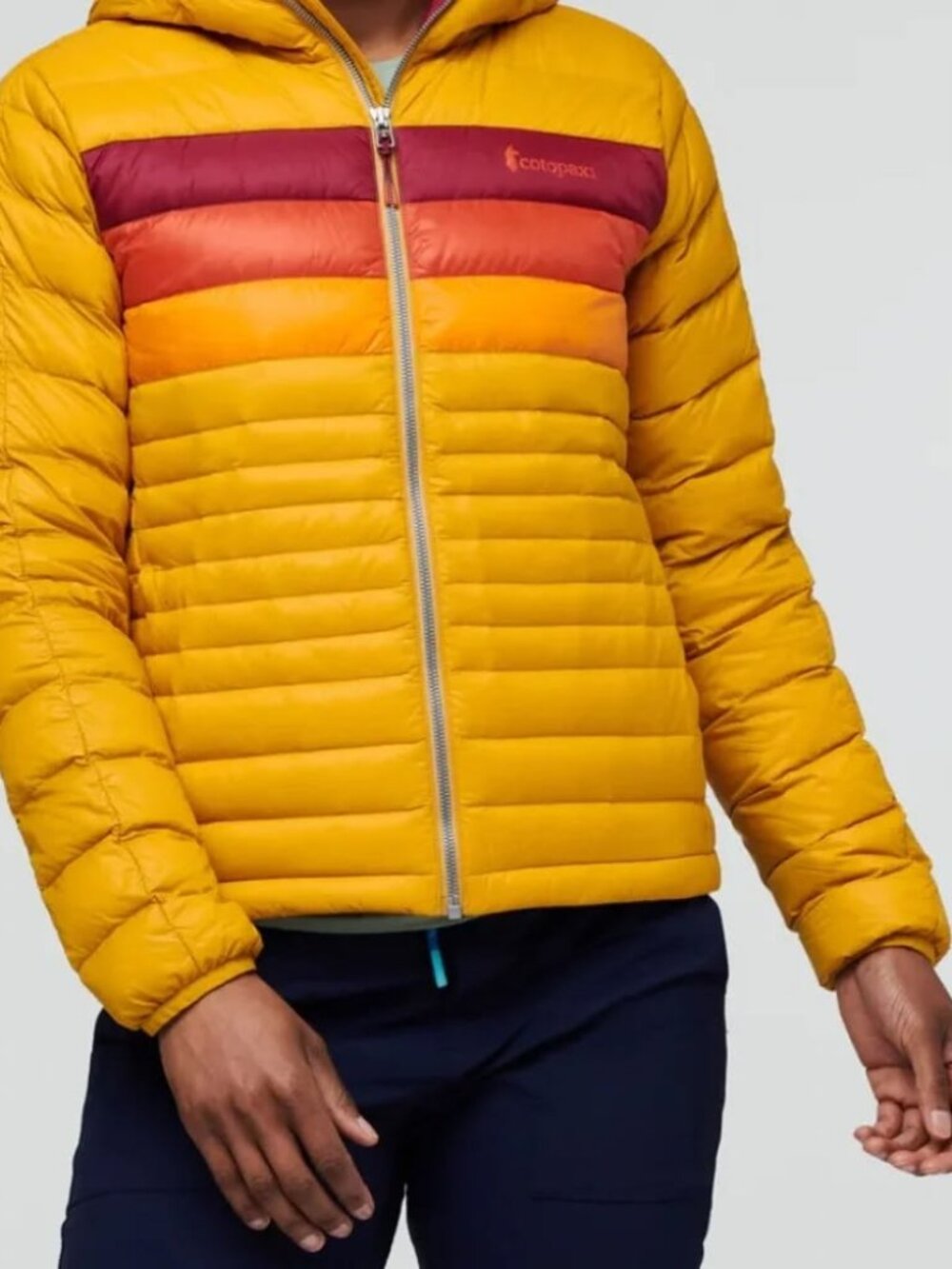 Women's Cotopaxi Fuego Yellow Amber Stripes Hooded Down Jacket XS